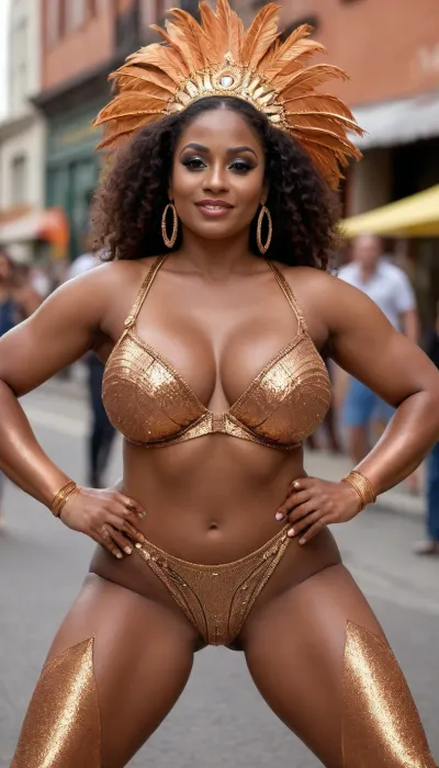 big mature brazilian samba dancer, enormous gigantic big plump boobs, luscious breasts, wide thick ass dark brown exotic skin, ((((shiny copper colored skin)))), dancing on the street, carnival, posing, long sexy legs, full view