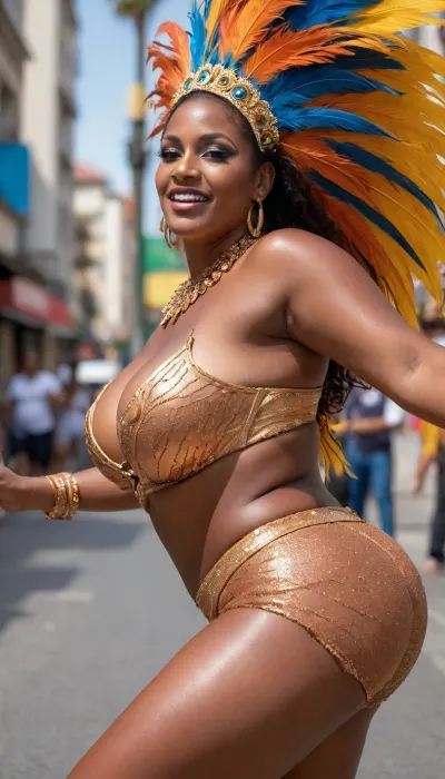big mature brazilian samba dancer, curvy, enormous gigantic big plump boobs, luscious breasts, wide thick ass dark brown exotic skin, ((((shiny copper skin)))), dancing on the street, carnival, rio, blue -yellow feather costume, posing, long sexy legs, full view, tall, boobs, big, breasts, huge, tits