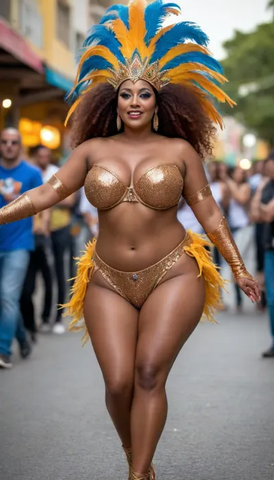 big mature brazilian samba dancer, curvy, enormous gigantic big plump boobs, luscious breasts, wide thick sexy ass, thong, dark brown exotic skin, ((((shiny copper skin)))), dancing on the street, carnival, rio, blue -yellow feather costume, posing, long sexy legs, full view, tall, boobs, big, breasts, huge, tits