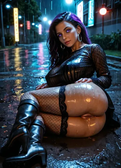 40 y.o. good looking woman, MILF, straight very long black hair, named Sophie, highly detailed pretty face with high cheek bones, big eyes, Caucasian, no makeup, pale oiled skin, curvaceous, very long legs, large ass, shaved pussy, huge giant breasts, seductive, experienced, exhibitionist, full body, no underwear, pussy lips exposed, (black thigh high fishnet stockings), long-sleeved black fishnet shirt, black ankle plateau boots, lying on the ground, (lying on her side), (legs closed), (pussy exposed), (head down on the ground), dark wet street at night, raining, (ultraviolet lighting:1.3), uv style, glowing, (neon lights), dark, (black light:1.3), fluorescence lighting, side view, <lora:uv style v2:1.5>