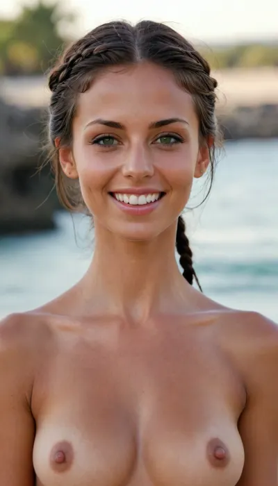 beautiful sexy slim 30 year Italian woman, large round breasts, skinny, very long braided black hair, dark tan, (tanned), ((topless)), ((perfect face)), sunny tropical beach, ((standing), oiled skin, high detail, green eyes, (perfect eyes), smiling, close-up), licking her fingers