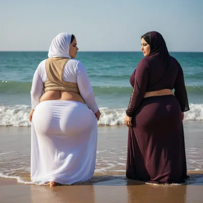 Ssbbw, two Woman arab hijab on beach, cellulite ass, big ass, fat cellulite