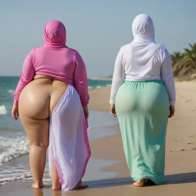 Ssbbw, two Woman arab hijab on beach, cellulite ass, big ass, fat cellulite