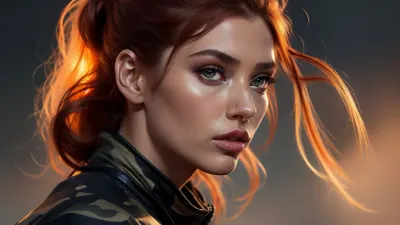 a digital illustration, a beautiful slender adult woman, she is in a fighting stance, she wears a blue camouflage jacket and black briefs with black straps, she has a very pretty coquettish faded face, long red hair tied in a high ponytail, elaborate hairstyle, small breasts, highly detailed crystal eyes, light glowing irises, heartshaped lips, lip gloss, aroused skin, exhales, the background is a gradient of orange and yellow, dramatic sunset, long shadows, fighting mood, detailed photo, photorealistic photo, realistic pretty women photo, night vision, soft fokus, parallax, overexposure, worm´s-eye view from side, #©KITTYART