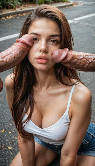 Score_8_up, Masterpiece, best quality, extreme detail, maximum detail, maximum quality, realistic, realism, photorealistic, sexy Arab girl, brown hair, long hair, realistic face, cute face, brown eyes, slim, athletic, arms, big lips, wide hips, perfect skin, perfect face, on street, hyper gigantic cock, penis lay on her face, (penis on face:1.5), cock on her face, hyper gigantic cock on her face, gangbang, 3 penis on her face, sitting on knees, very tired face