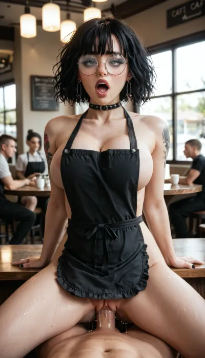 1girl, pretty girl, goth make up, face piercings, nose piercing, tattoo, black long bangs, round glasses, wearing a black apron, big cleavage, at cafe, sex, group sex, best quality, high detail detailed face, small details, 8k high quality, dynamic lighting, shadows, natural tits, slender, athletic gymnast body., (moaning, horny, orgasmic), (hard sex, sex, deep penetration), (wet pussy, pussy juice)