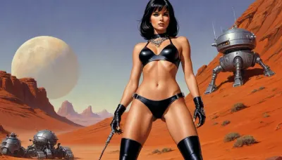 full body view, A dark fantasy book cover of an extremely beautiful woman wearing black leather and silver jewelry, standing on the red planet Mars, Behind her is a robot with orange metal body parts. Drawn in the style of Larry Elmore, with a vintage sci-fi pulp art style, illustrated by Richard Corben, and painted by Frank Frazetta and Gerald Brom., <lora:nudity_v02_i1300:.5>