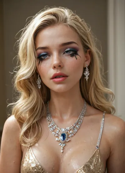 Young blonde bombshell, beautiful makeup, expensive jewelry, overwhelmingly horny, so horny she can't control her body, desperate for sexual stimulation, full body shot