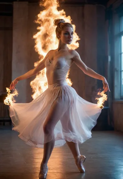 ballerina, topless, erect nipples, wearing only a skirt, white skirt on fire, (((skirt burning with flames))), long blonde hair, one hair bun. soft neon light, dramatic lighting, shadows dancing on walls, passionate dance of love and fire, ballerina spinning gracefully, Cyberpunk based background, reflective surfaces, expressive facial features, intense eyes, determined facial expression, focused gaze, poised body language, elegant dance poses, fluid movements, captivating choreography, dynamic energy, 4k resolution, masterpiece, <lora:Dance_Art:.8>