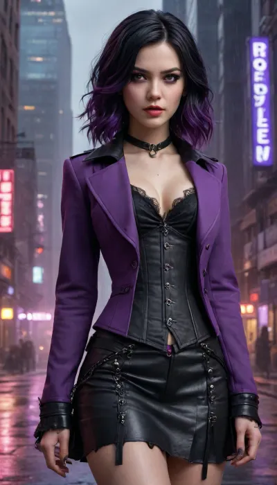 A classic suit with modern grunge elements, hyper detailed hyper realistic stunningly beautiful woman dressed in modern grunge fashion merged with classic tailoring style from head to toe, grunge makeup and accessories, lace crimson corset, classic suit accents with grungy flair, in the style of eve ventrue, high-low skirt, 2d game art, clamp, porcelain, high-contrast shading, hip length, ((wavy)), black hair, ((black_hair, purple tips)), (hair over one eye:1.3), cyber, Cyb3punk, neon, street, glowing, building, rain, <lora:Cyberpunk_3D:.5>