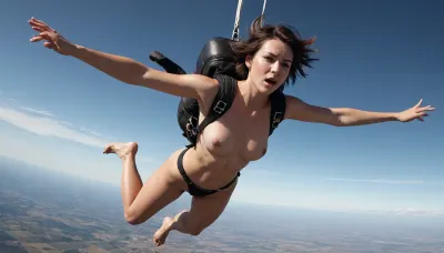 full body view, brunette with a chopped fringe, naked skydiving, photorealistic, highly detailed, trending on artstation, artgerm and steve argyle and olafur elvgren and shin jeongho and nick sullo