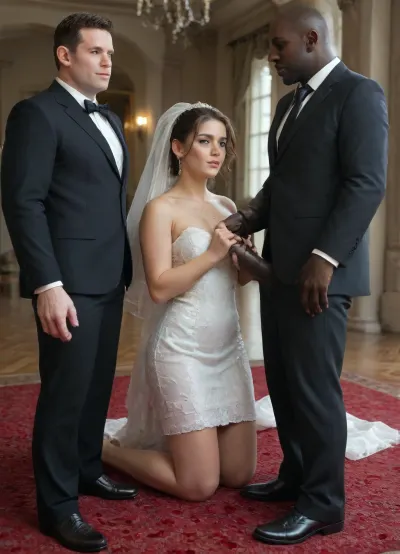 interracial, cuckold image, bbc cuckold, humiliation cuckold image, (A beautiful and romantic curvy and stunning hotwife bride and groom in sexy slutty wedding clothes and loser cuckold groom in suit, kneeling together), in a decorated honeymoon room, (hajleh), warmly embracing each other with love and passion. Soft lighting, rose petals scattered on the floor, dreamy and sensual atmosphere, traditional Middle Eastern decor, soft facial expressions, intimate and emotional mood, cinematic style, high detail., ((and then five muscular black skin brut standing around them and put their giant black cocks near their face.))