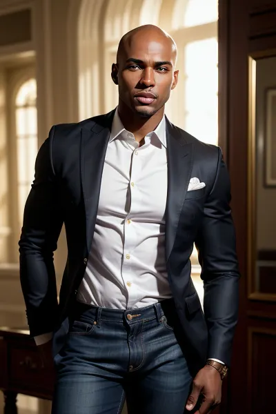 Create an ultra-realistic image of a BBC male, black male, dark skin, 30 years old, for a choice-based game, with the following characteristics, Appearance, Flawless black skin, (no pores, marks or unwanted texture), average build, no hair, bald, flawless. Clothing, Fitted dress shirt, muscles, jeans. . Pose/Framing, Standing, with a slender posture, she has a bold and very provocative look, shown from the knees up. Visual details, Completely impeccable image with hyper-realistic textures in the hair, golden tone, with lighting that creates reflections and soft shadows for greater realism.