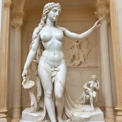 one marble statue of the goddess Aphrodite of Cnidus is made in the Greek style of sculpture, her clothes have fallen, detasizied face