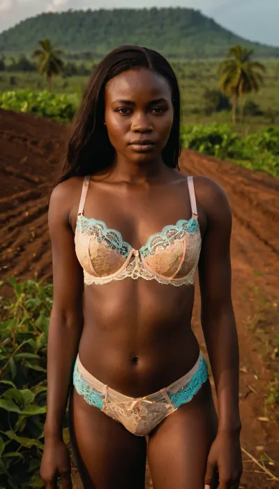 full-body portrait of a, (typical), (19 year old), (Congolese woman), (colorfull lace-lingerie, bra and panties), standing in a typical Congolese landscape.
