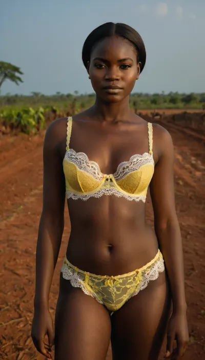 full-body portrait of a, (typical), (19 year old), (Côte d'Ivoire woman), (colorfull lace-lingerie, bra and panties), standing in a typical Côte d'Ivoire landscape.