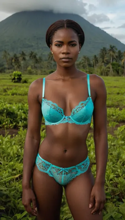full-body portrait of a, (typical), (19 year old), (Equatorial Guinea woman), (colorfull lace-lingerie, bra and panties), standing in a typical Equatorial Guinea landscape.