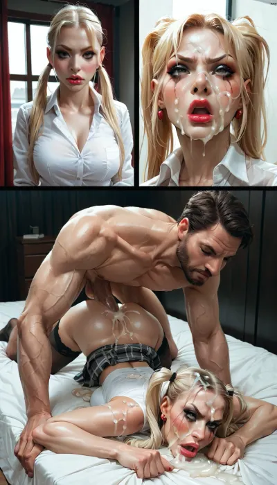 Diagonal Angle, (((before and after:1.6))), multiple panels, multiple views, (angry face), (fearful face), full-body photo, the most beautiful blonde in the world, 18 yo, blonde hair, (high pigtails), excessive cum on face, face down, full lips, thick lips, (blushing:1.4), white office shirt, plaid sexy tight mini skirt, skirt pulled up, black stockings, kawaii, (open mouth), smeared makeup, (two women:1.3), arched back, prone bone, fucked by white male out of frame, (veined cock:1.4), (anal penetration:1.3), white bed, window, masterpiece, ultra detailed face, award winning photo, (tamada heijun art), incase, face, pleasure, <lora:KawaiiMakeupXLv2:.9>