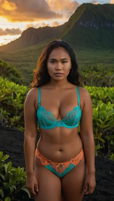 full-body portrait of a, (typical), (19 year old), (Micronesian woman), (colorfull lace-lingerie, bra and panties), standing in a typical Micronesian landscape.