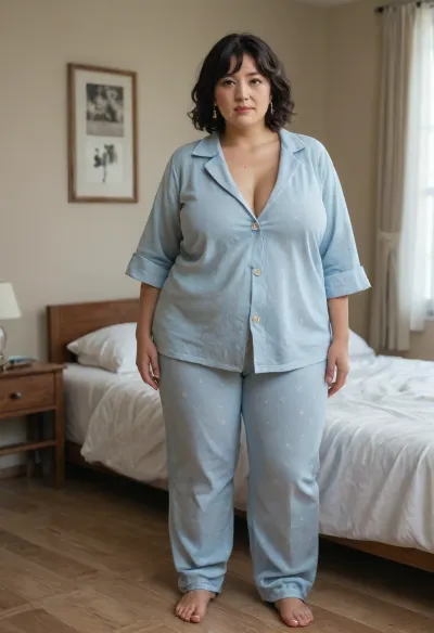 Very Obese Fat 60 year old mature Armenian woman, big FUPA, bulging Cameltoe, standing in a bedroom. Her eyes are light blue. Dark hair with bangs, pokies, light silk pajamas, full body view, ultra realistic professional photography