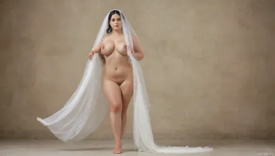 Artistic nude of curvy Iranian woman, mid-step as if walking slowly, long veil caught in motion, partially covering body, minimalist backdrop with soft motion blur, ethereal energy, sensual expression, fine art bridal symbolism