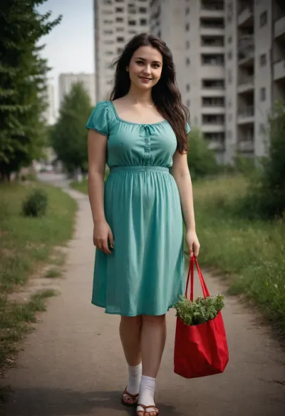 Jurate is a 25 year woman from Soviet Union city. She has long dark hair and naturally looking curvy body. Her body is pale. Her body is slightly chubby. She is living in soviet city with concrete monolith 9 stories apartment blocks. Green trees are growing Apartments are grey colour. Sunny summers day. Bright light. She is happy smiling looking somewhere far

She is wearing a simple blue short summer dress and white long socks. Brown sandals. She has red ribon in her hair In one hand she is carrying netting see through bag with groceries. Photo is taken with polaroid camera and has a vintage look, ((pubic hair)), (vintage)