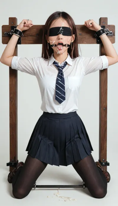 Black pantyhose, ring gag, open mouth gag, cum on face, kneeling, spreader bar, spread arms, high school uniform, white collared shirt, black pleated skirt, classroom background, (Comfyui with controlnet), Model, arms up, A petite brown haired woman in stocks pose, a look of annoyed, iron cuffs on wrists and ankles, blindfold, <lora:BondageXcrossV1--In Stocks Pose:.5>, <lora:Blindfolded:.8>, kyoshitsu, kaidan, rouka, <lora:Gakkou_SDXL_V1:.8>