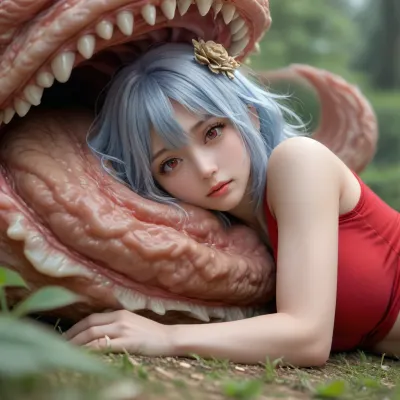 light blue hair, leviathan fins on side of head, red eyes, red crop top that barley cover boobs, no pants, no panties, big breasts and ass, anime girl, vore