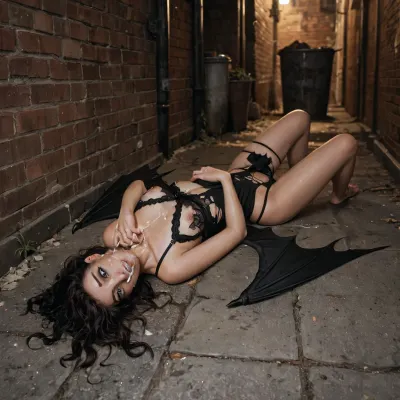 Slim succubus, lingerie, small black wings, torn wings, dark alley, night, laying on the ground, exhausted, drenched with cum, cum covered, torn clothes, dirty body, cum dripping mouth