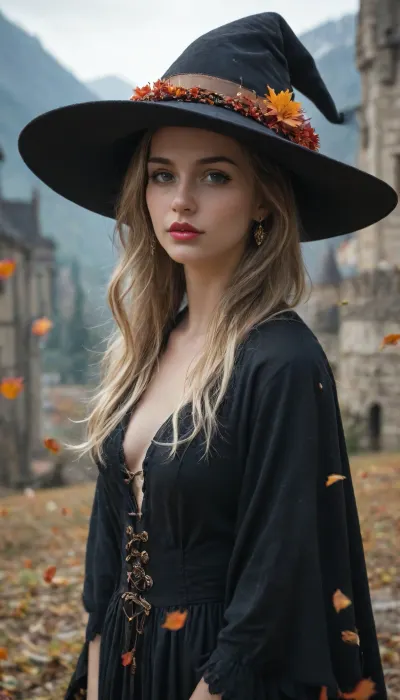 A young woman with long, flowing blonde hair and naked a captivating gaze, adorned with a large black witch's hat embellished with autumnal red leaves. Her expression is serene, yet slightly mysterious. Her captivating eyes have a deep golden hue, accentuated by full, rich red lips. She's likely in her late teens or early twenties, of light European descent. Her outfit is a black, flowing garment, seemingly a dress or cloak. The woman's pose is a three-quarter view, turning towards the viewer, her head tilted slightly. A majestic castle is intertwined with her image, nestled amidst a mountainous autumnal landscape. The castle is a light beige color, with intricate details of turrets and battlements. The mountainside is covered in vibrant shades of autumnal red and gold leaves. Thick fog and misty clouds envelop the landscape. Tiny stars are scattered throughout the sky. The lighting is dramatic, with a soft glow illuminating the castle and the woman's face. The overall mood is enchanting and dreamlike, reminiscent of fairytales. The artwork showcases a delicate balance between the intricate details of the castle and the ethereal quality of the woman. Atmospheric perspective is strongly used, placing emphasis on the castle and the distance background. The colors are rich and well-balanced, with dark backgrounds and vibrant highlights. A muted palette of autumnal colors and dark gray tones is employed. A subtle glow and luminescence add to the fantasy style. The style is a blend of fantasy art and portraiture, with a touch of romanticism.
