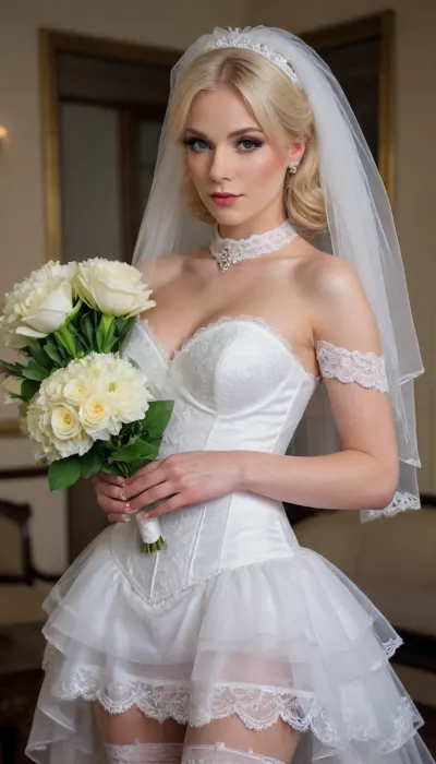 crossdressing male, boyish upper body, no curves, beautiful face, perfect face, wedding, wedding dress, blonde hair, white lace corset, white garter belt, white lace stockings, white high heel boots, long white lace wedding veil, large white lace choker collar, holding wedding bouquet