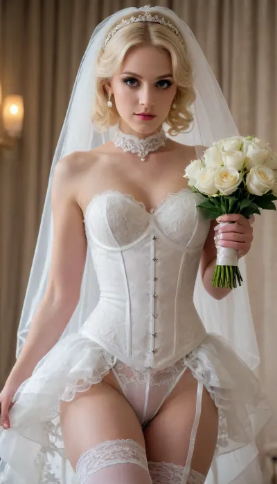crossdressing male, boyish upper body, no curves, beautiful face, perfect face, wedding, wedding dress, blonde hair, white lace corset, white garter belt, white lace stockings, white high heel boots, long white lace wedding veil, large white lace choker collar, holding wedding bouquet