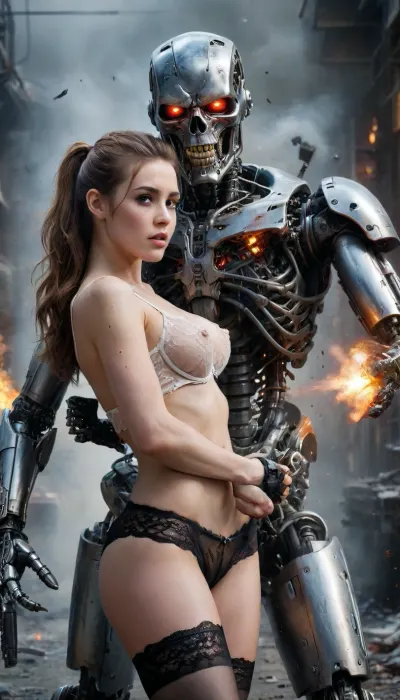 sharp focus, (1woman, (human, woman, wearing lace lingerie and stockings, woman has high ponytail hair)), (1robot, (Robot, robot is Terminator, Cyberdyne-101)), (1woman, 1robot, (hugging each other), (round tits in the palm robot, robot gave girl a huge gun for her 18th birthday, girl hugging robot, girl tits in the hands of robot, a huge gun in the hands of a girl, ((huge gun)), robot holds the girl by the breast, robot's hand is on the girl's ass, robot's erect penis rests on the girl's thigh, groping tits, robot's palms on the girl's chest)), fantasy, lovely, futuristic city background, artstation, (epic realistic:1.1), (hdr:1.1), intricate details, cinematic, detailed, (portrait), photorealistic, 4k, absurdres, ((perfect anatomy)), FemTerminatorCos, steam, fog, (robot head exposion:1.5), (robot explosion:2), eerie atmosphere, (cum explosion:1.4), ral-vlntxplzn, <lora:FemTerminatorCos_SDXL:.8>, <lora:ral-vlntxplzn-sdxl:1.4>, <lora:xl_more_art-full_v1:.4>