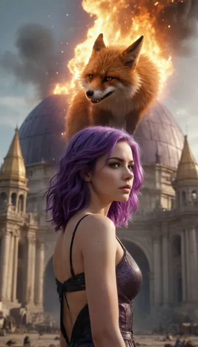 A young woman with vibrant purple hair gently embraces a tender fox, surrounded by golden butterflies and translucent, floating jellyfish in a serene, magical dome filled with soft, ethereal light. The camera slowly pulls back, revealing a stark contrast between the peaceful dome and the apocalyptic wasteland outside, where raging flames and rubble dominate the landscape. Behind the dome, a towering fire demon alternates between casting fiery magic and launching physical strikes against the protective barrier, each impact triggering lightning bolts that surge from the dome to strike the demon, creating bursts of sparks and smoke., [Truck right, Pan left, Tracking shot]