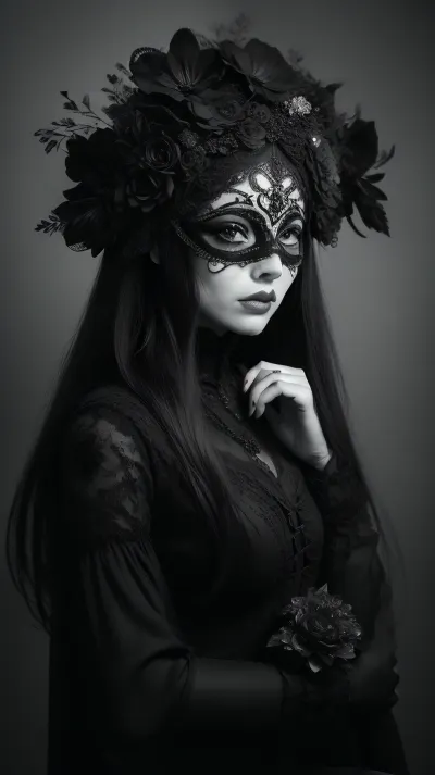 A black-and-white photograph of a woman with an elaborate, gothic-inspired theme. She is shown from the shoulders up, with her face partially obscured by an ornate masquerade mask. The mask is highly detailed, featuring intricate, symmetrical designs with floral and baroque patterns, giving it a baroque and gothic feel. The woman's lips are painted a deep, dark color, matching the monochrome aesthetic of the image. Her hair is styled in an elegant updo, adorned with a crown of large, artificial white flowers, adding a touch of contrast and softness to the otherwise dark and dramatic scene. The background is a richly textured floral pattern, enhancing the baroque theme of the mask and flowers. The lighting is soft yet focused, highlighting the contours of her face and the textures of the mask and flowers, creating a dramatic and mysterious atmosphere. The overall composition is striking, with a strong contrast between the dark elements of the mask and lips and the lighter, softer elements of the flowers and background. The photograph captures a blend of elegance and gothic mystery, making it a captivating and visually rich image. #©KITTYART