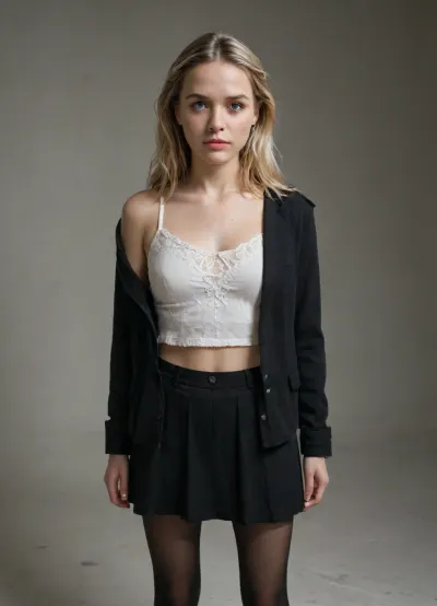 masterpiece, best quality, very aesthetic, absurdres, realistic, Sarah the Virgin Girl, opulent bedroom, soft lighting, 1 girl, standing, changing clothes, holding white blouse, black jacket, black short skirt, black tights, white socks, black pantyhose, canvas sneakers, blonde hair, blue eyes, slender shoulders, trembling fingers, biting lip, feeling uncomfortable, embarrassed, trustful, exploited, orchestrated scheme, dark underworld, sweat on face, anxiety, fear, vulnerability, dramatic lighting, detailed skin texture, realistic human-like face, detailed hands, detailed feet, long blonde hair, detailed skin, realistic face, slender, petite frame, party girl, detailed eyes, depth of field, focus on facial expression, emotional depth, intricate details, vibrant colors, capturing vulnerability, exploitation consequences, detailed textures, shadows, despair, trust, innocence, naive, assertive, innocence crumbles, hands shaking, averted eyes, realism, looking at viewer.