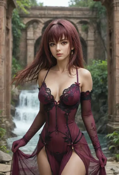 (Fate Grand Order Scathach:1.3), (red eyes:1.1), (very narrow waist:1.5), see through, (Scathach outfit:1.2), black lace trim, transparent long gloves, temple ruins, waves, mist