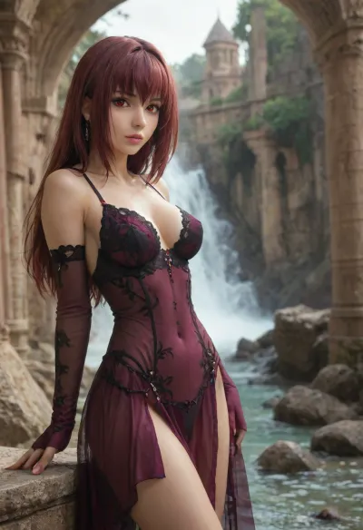 (Fate Grand Order Scathach:1.3), (red eyes:1.1), (very narrow waist:1.5), see through, (Scathach outfit:1.2), black lace trim, transparent long gloves, temple ruins, waves, mist