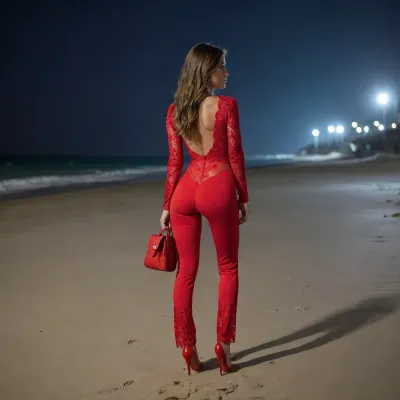 score_9, score_8_up, score_7_up, 1girl, 20 yo, small breast, realistic, long_hair, dark_skin, red tight suit, lace jumpsuit, suit with red pants, Pants flared at the ankles, little red bag, visible panties Lines under dress, round perfect ass, on sand, night time, Light from a flashlight, high heels shoes, Night scene, view from behind, Bareback, on a deserted beach, at night