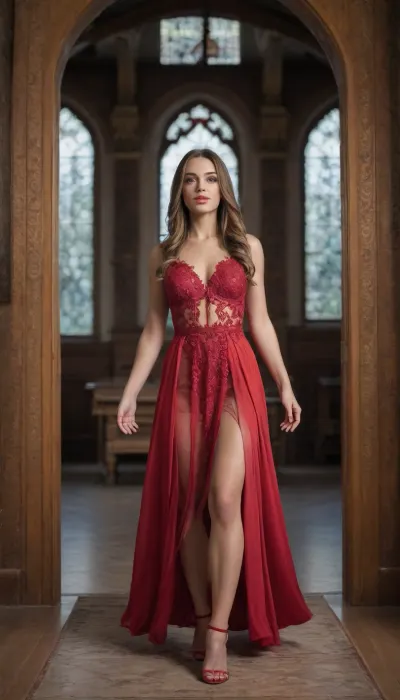 Концепт персонажа в полный рост в стиле аниме, антропоморфное животное, женское, с прической на голове, в очень открытом наряде, ненормально огромные грудь, бёдра, есть животные уши и хвост, антропоморфное животное. используй для покраса разные цвета, чтобы выглядело интересно и цвета не сливались, не выглядело однотонно. Взрослая, выглядит величественно. Добавить интересных деталей к наряду, персонаж в спокойной, но необычной позе.