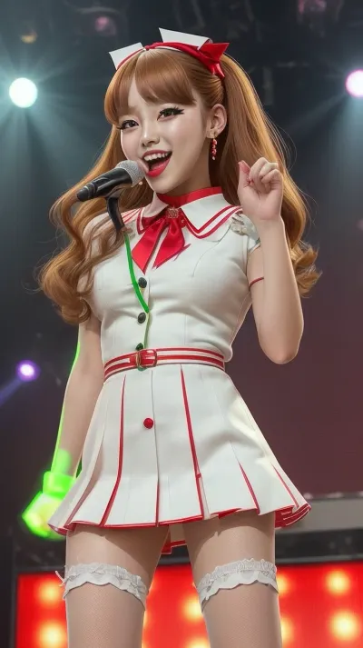 A full-body close-up of a youthful female K-pop idol performing on a retro school-themed K-pop stage, wearing a creamy white pleated mini dress with a structured milk-carton silhouette, red trim collar, and a small green ribbon tie. The dress is detailed with subtle green stitching and a tiny round Seoul Milk logo patch on the chest. She pairs the look with white socks and shiny red Mary Jane heels. The stage glows with soft white, red, and green lighting, with rotating digital cartons, milk splashes, and vintage school illustrations. She smiles sweetly mid-turn, evoking soft nostalgia