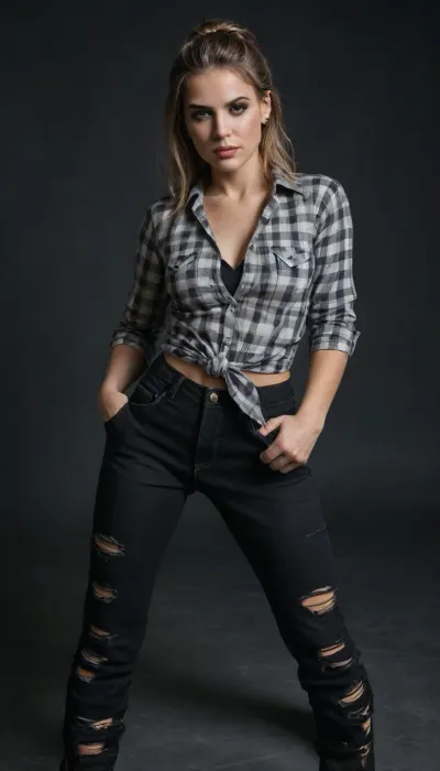 A gritty high-fashion photograph featuring a model with porcelain fair skin, adorned in modern punk attire consisting of ripped fishnet stockings, black leather pants, and a bold tartan shirt, showcasing a defiant expression with a subtle smirk. Her hair is styled in a messy, bold updo, with a few stray strands framing her sharp jawline. The model's eyes, lined with dark eyeliner, seem to pierce through the lens, exuding confidence and attitude. She's posed in a challenging, dynamic position, with one leg bent behind the other, conveying a sense of relaxed tension. The dark background, a deep, cool gray, provides a subtle contrast to the model's bold attire, allowing her to take center stage. The overall aesthetic is raw, edgy, and unapologetic, with a focus on capturing the model's unbridled energy and personality.