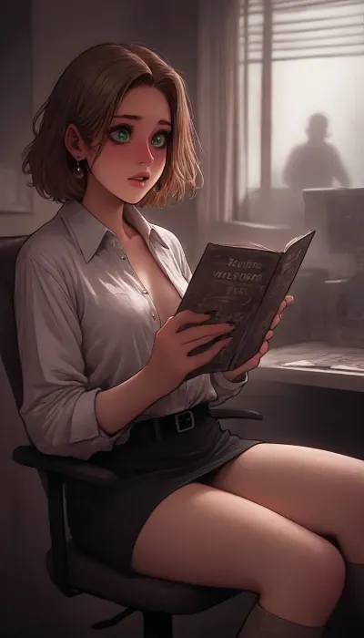 Best quality, Masterpice, high realistic details, score_9, score_8_up, score_7_up, professional photograph, cinematic light, high detailed background, high detailed perfect face, pretty beautiful 25 y.o. petite girl, bob cut hair cut, natural blonde hair, hair parted in the middle, (hair tucked behind the ears:1.4), Alice, barely visible freckles, piercing, green eyes, wide mouth, plump lips, european roots, dark makeup, shadows, eyelids and manicure, oily skin, sweat skin, black nails, skinny, stocky, small breasts, small round ass, narrow waist, shy, melancholic, high libido, outgoin, office worker, lover of reading and cooking, amazed expression, shocked, surprised, (scared:1.4), (scared eyes:1.4), full face blush, eyebrows raised, wide open mouth, sitting on the top of the office chair with the raised spread legs, hands tied behind her back, no tattoos, unbuttoned white shirt, open breast, no panties, short denim skirt with black belt and metal buckle, white high socks, grey ancle boots, basement, celling light, light from the top, hard shadows, very bright highlights, waist shot, cinematic lighting, digital painting, line art, dark colors, dark background, in the basement, best quality, masterpiece, earrings, insert, (Melcor Mancin:1.8), <lora:EnvyStarlightPrettyEyes01:1.7>, <lora:outline_xl_kohaku_delta_spv5x:.8>