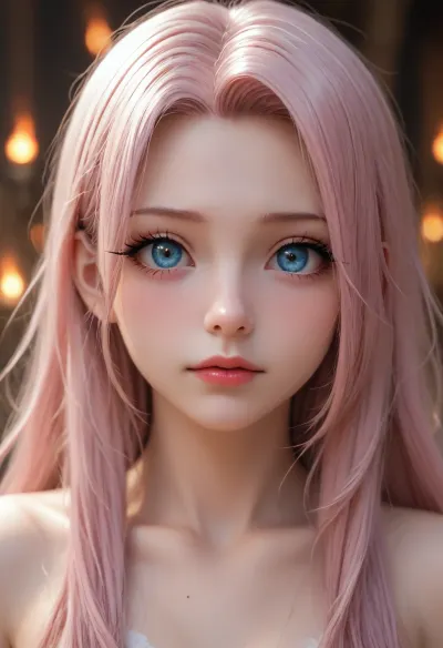 fate grand order Chloe von Einzbern, 1 girl, nude, pink hair, bright blue eyes, (very long eyelashes:1.4), makeup, blushing, view of face