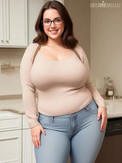 a chubby plain looking nerdy college girl wearing jeans and a sweater, curvy, glasses, large breasts, big hips and thighs, pale skin, brown eyes, standing in the kitchen, smiling, <lora:6f2fad6e709a7721ea77ca6055e7e2b2:.8>, c4rvy, <lora:Curvy V1:.8>
