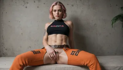 Hyper-realistic close-up portrait of a bold 25-year-old woman with vibrant pink hair, sitting with legs wide apart, head tilted back. She wears tight black crop top revealing abs with abstract tattoo, and orange chaps by a wide belt with large buckle and dangling metal chains, crotch fully exposed. fingering, ((girl touching herself vagina)), hyper-detailed skin texture, fabric folds, Belt chains, multiple rings, Contrast between orange chaps, black top, pink hair, Confident, edgy, high-fashion eroticism extremely attractive, wow factor, stunning, incredibly pretty, very sensual, model face, a perfect 10, superb, beautiful, earrings, athletic, muscular, high resolution skin, 8k, 150mm, subsurface scattering, highly detailed eyes, ultra realistic skin, gorgeous face, palm covers her pussy, hyperrealistic, facial muscles, nice stomach, athletic legs, posing, sweaty, muscular lower body, thick, short haircut, 25 years old, Gritty hyperrealistic style, cinematic lighting, dark atmosphere. Color palette, black, ochre, dark green. Highly detailed, dramatic tension, no stylization, no cartoon, perky nipples, pale irish skin tone, tattoo, tanlines, sunburn, freckles, swedish, toned abs, Wide hips, huge quads, kempt pubes, <lora:uberfit_lora_sdxl:.7>