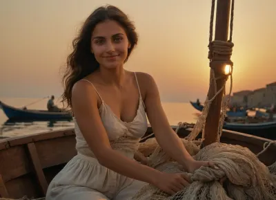 Poor Italian girl, 20 year old, piled fishing nets, loose sack-like clothing, deeply cut, (bare arms), frontal view, bare thighs, 19th century, fixing fishing net, wooden fishing boats, Tuscan village in background, port at dawn, warm light, petroleum lamp, sitting on rim of boat, smiling, eye contact
