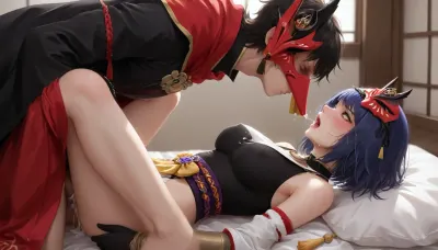 Kujou Sara under a handsome Japanese male, fucking gigantic cock, balls deep, cum in vagina, from behind, deep penetration, (missionary position), vaginal sex, detailed, cum on face, cum in hair, cum on body, cum in mouth, cum drooling from mouth, detailed hand, masturbating, rough sex, (saliva strings between mouths:1), saliva strings from male mouth to female mouth, breasts, (blush:1.3), (orgasm, moaning:1.3), (trembling and twitching), side view, ultra-detailed, best quality, masterpiece, highres, original, extremely, jiu tiao, 1girl, kujou sara, bird mask, yellow eyes, mask, gloves, mask on head, short hair, sash, vision, genshin impact, detached sleeves, black gloves, wings, japanese clothes, bangs, tassel, black hair, bodysuit, wide sleeves, black bodysuit, swept bangs, <lora:jiutiaox_xl:1>, <lora:Animated_Concept:1>