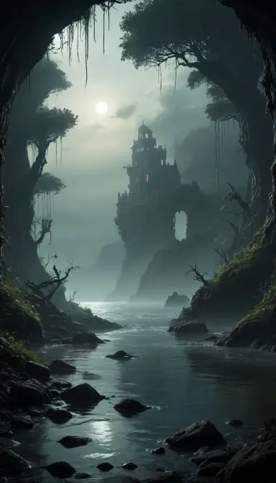 The scene is made on the ocean shore with vegetation in the style of dark fantasy-a dystopia with a very detailed and atmospheric environment. The world in the water is magically infected with glowing anomalies, perverted nature, and the remnants of vanished civilizations. The light is unnatural, casting eerie shadows. The art style combines elements of medieval fantasy.