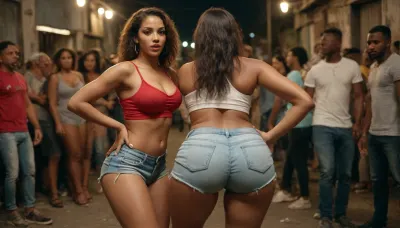 realistic, cinematic, outdoor environment, night light, funk dance in a favela, women dancing funk in tight, sexy short clothes, male criminals watching back, sound cars, very large speakers, huge, ass, breasts, big, hips, narrow, waist, <lora:BodyLicious:.4>